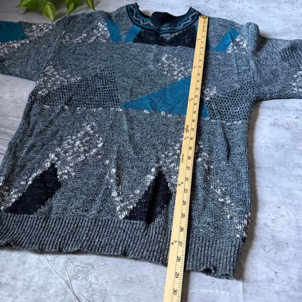 90s XSTATX blue and gray geometric knit surf stussy type sweater